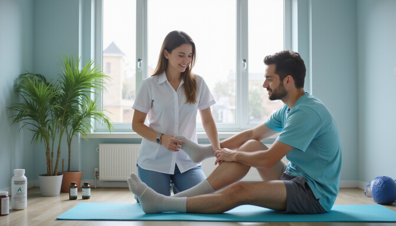  Therapist assisting patient with leg-strengthening exercises, stretching, compression sock, supplement bottles, bright clinic light