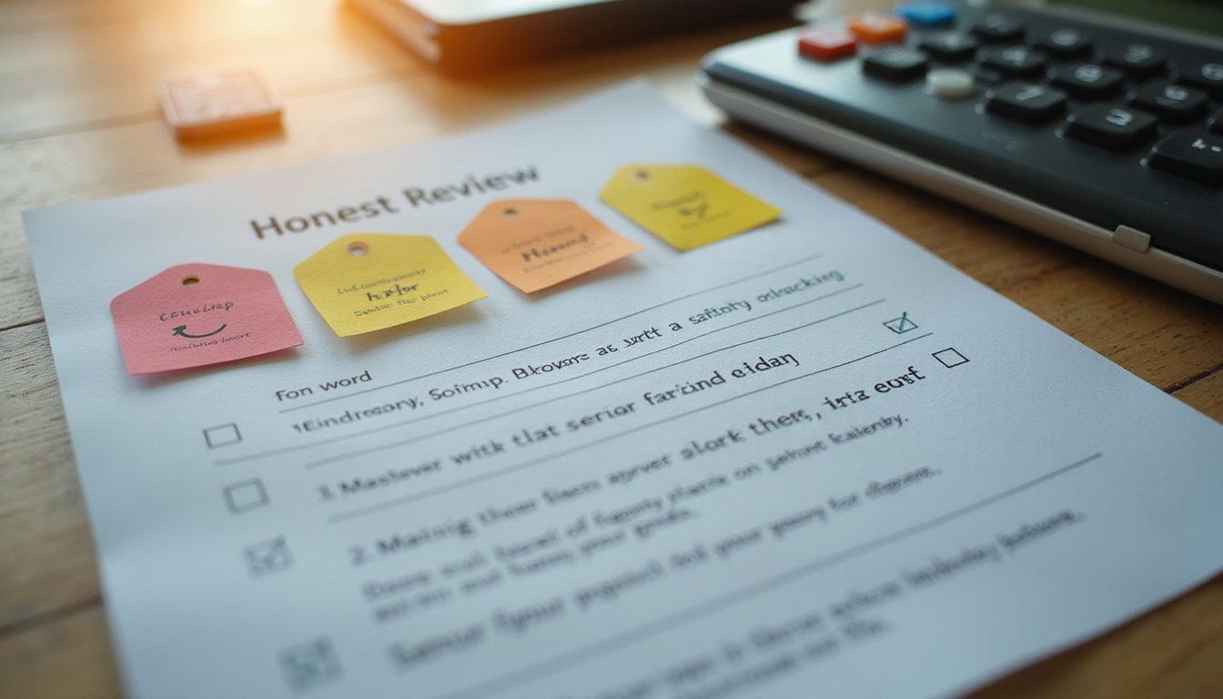 Close-up of pricing tags, honest review checklist, calculator, reliable service concept, cinematic lighting