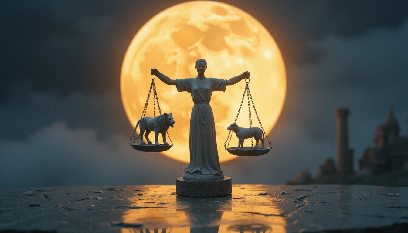 Moonlit temple, balancing scales with lion and lamb, warm light, cracked porcelain heart