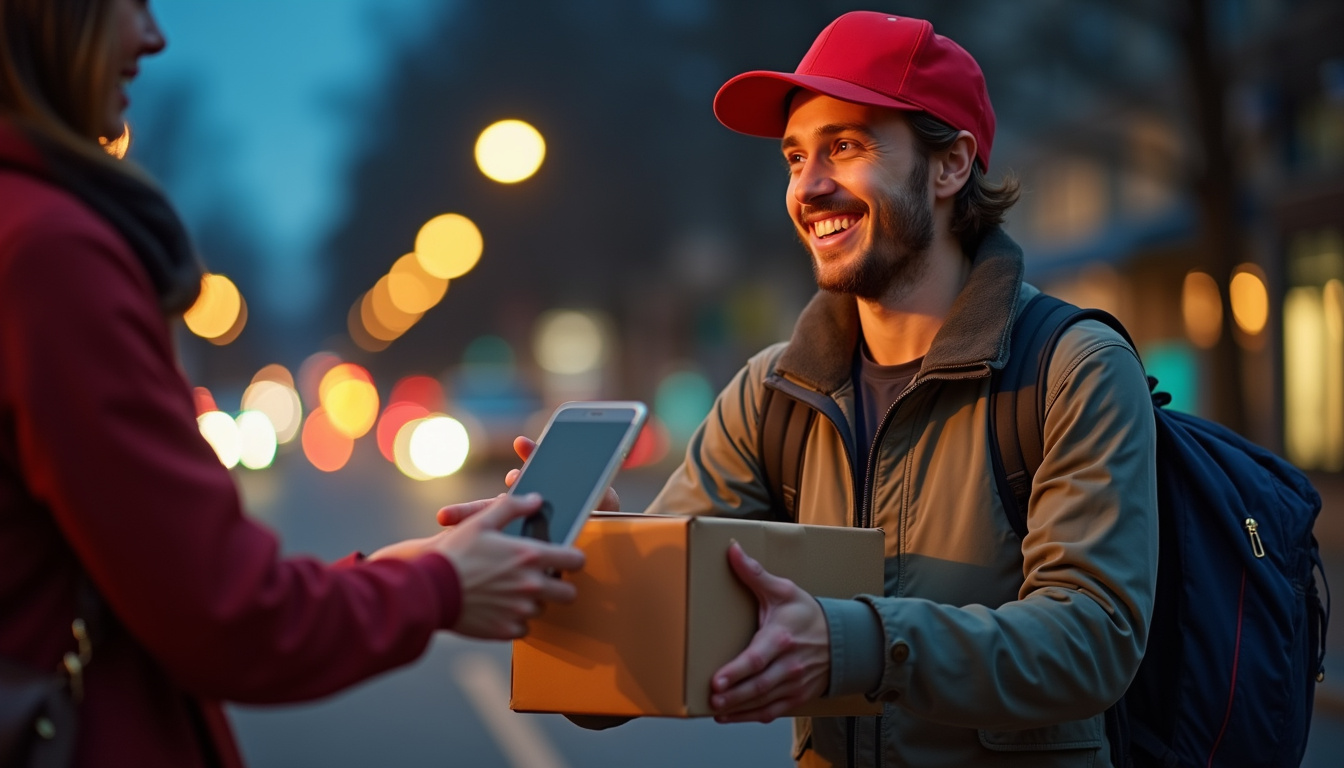  Nighttime delivery scene: smiling driver hands order to delighted guest, loyalty app notification