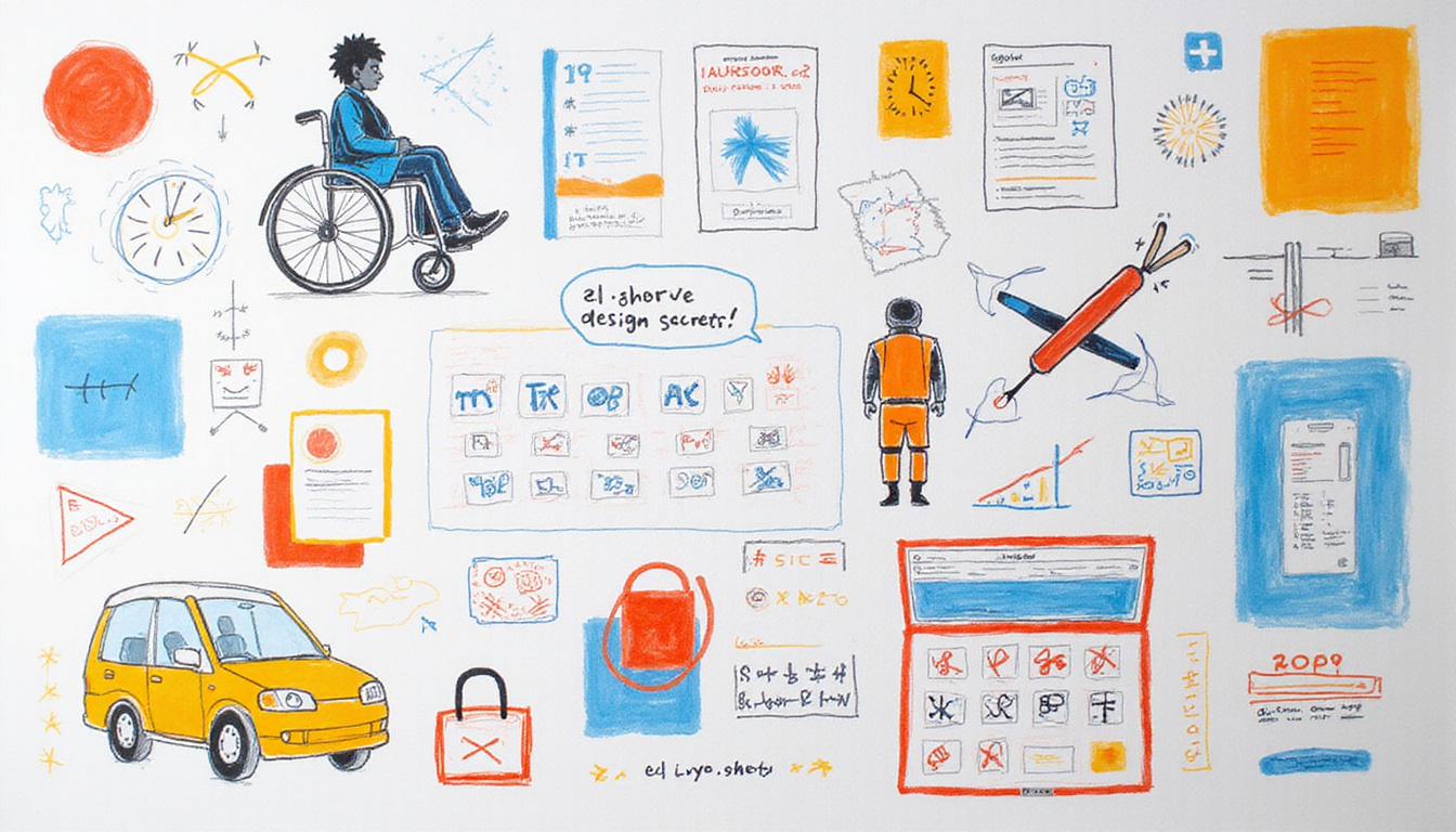  UX designer sketching universal design secrets, clear icons, large type, ramps, assistive devices