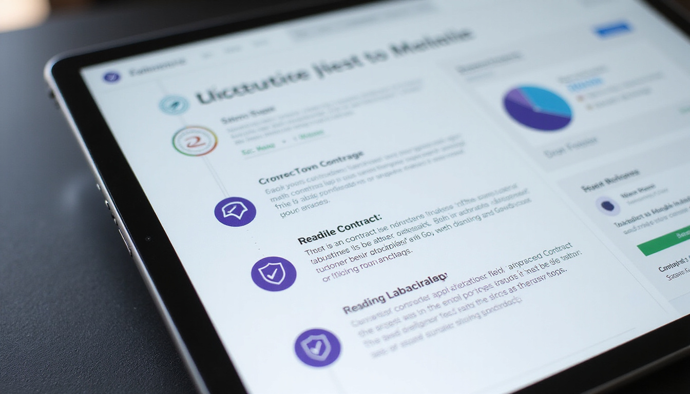  Detailed contract checklist, compliance stamps, shield icon reducing risk, modern GovScout dashboard on tablet