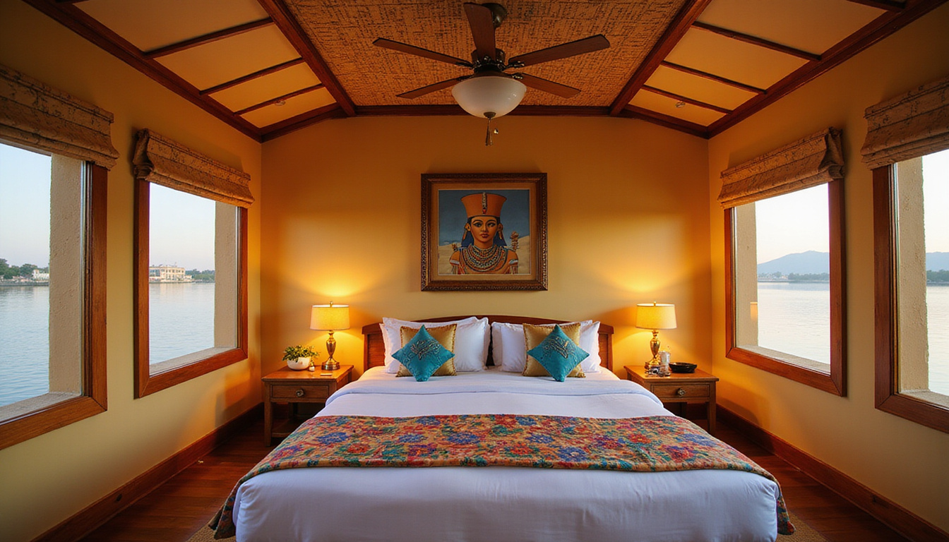 Cozy value-focused Nile cabin with compact modern amenities, Egyptian textiles, bedside lanterns, papyrus artwork