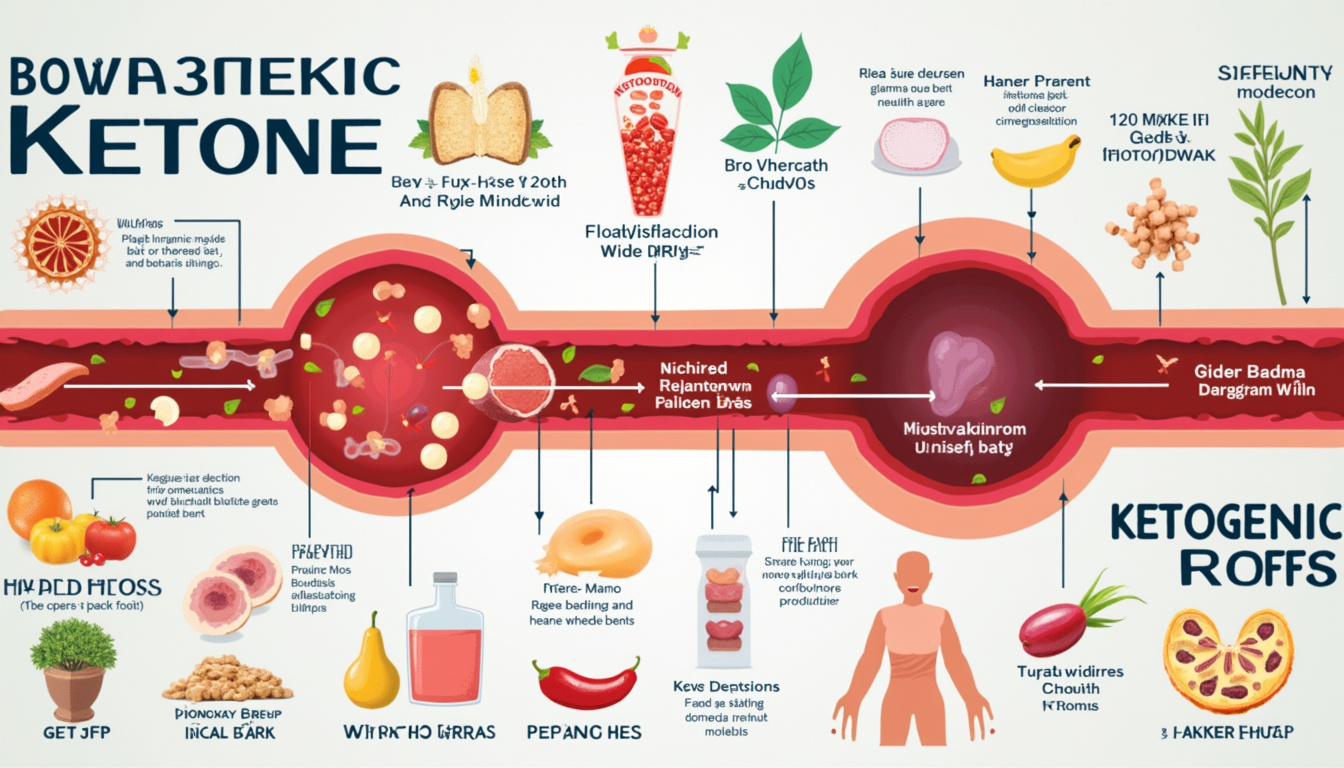 Educational infographic: bloodstream cross-section, floating ketone molecules, charts, ketogenic foods, lifestyle icons