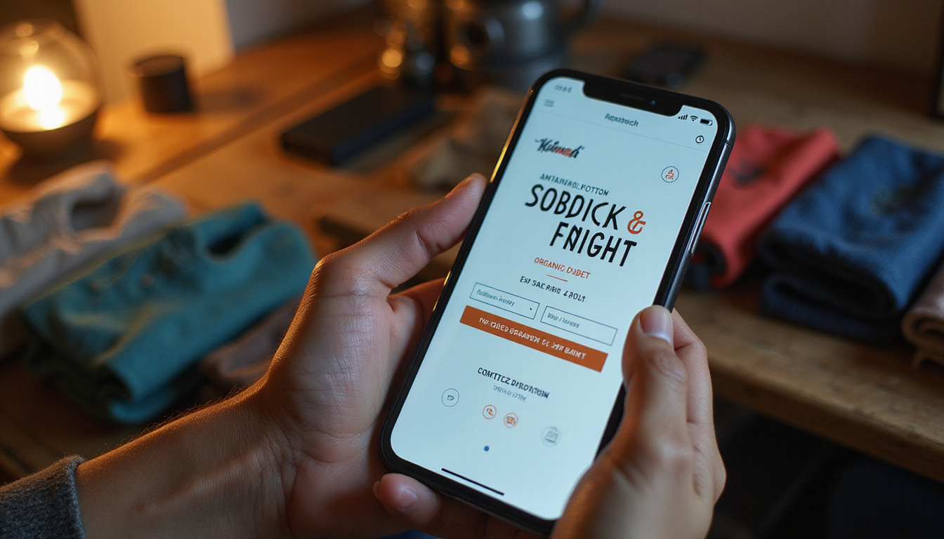 Diseñador escaneando etiquetas inteligentes NFC con un teléfono inteligente, cronología de artesanos en realidad aumentada, cálida iluminación de la boutique