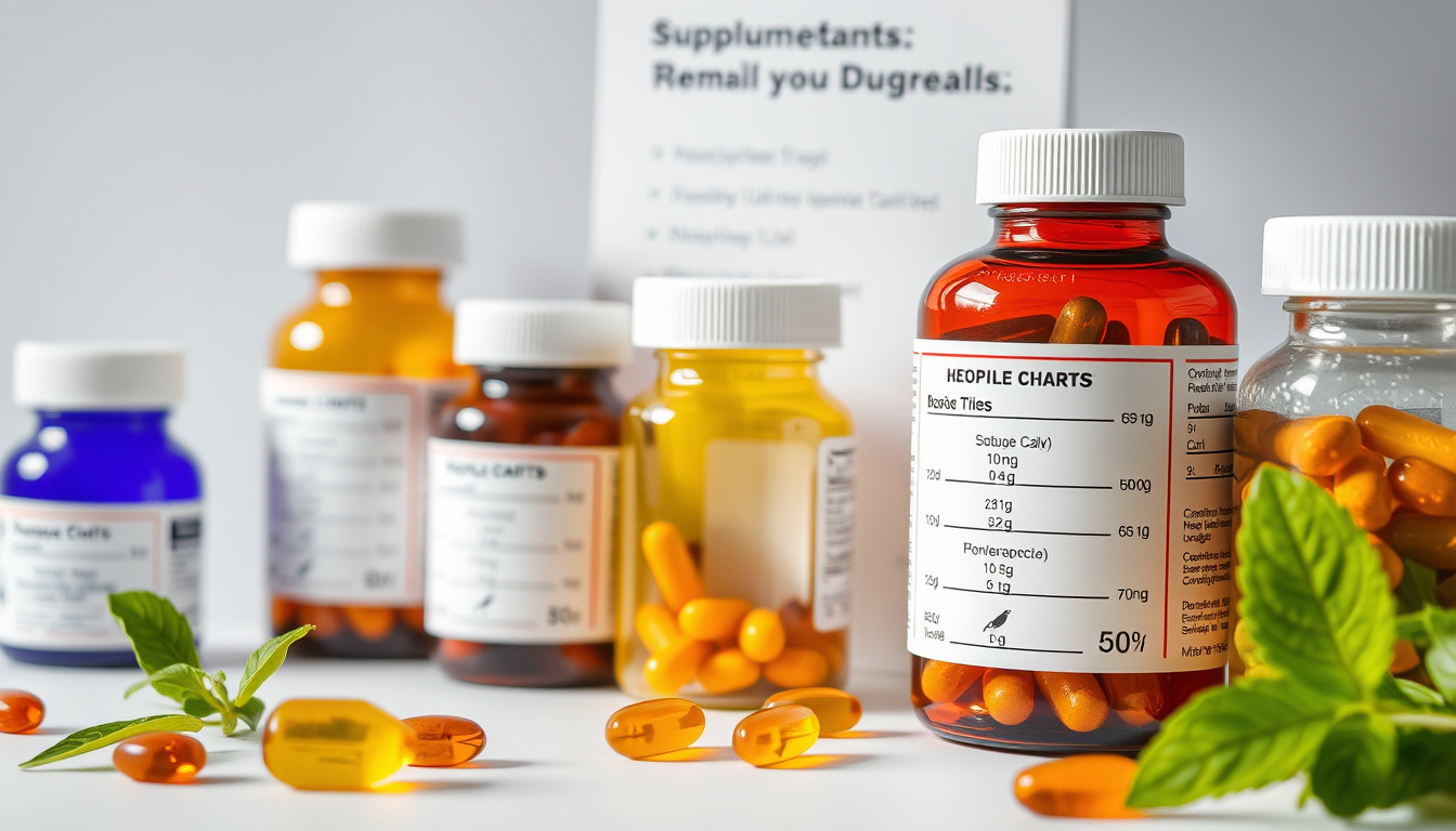  Close-up of supplement bottles, dosage chart, leafy herbs, mobility icons, soft clinical light