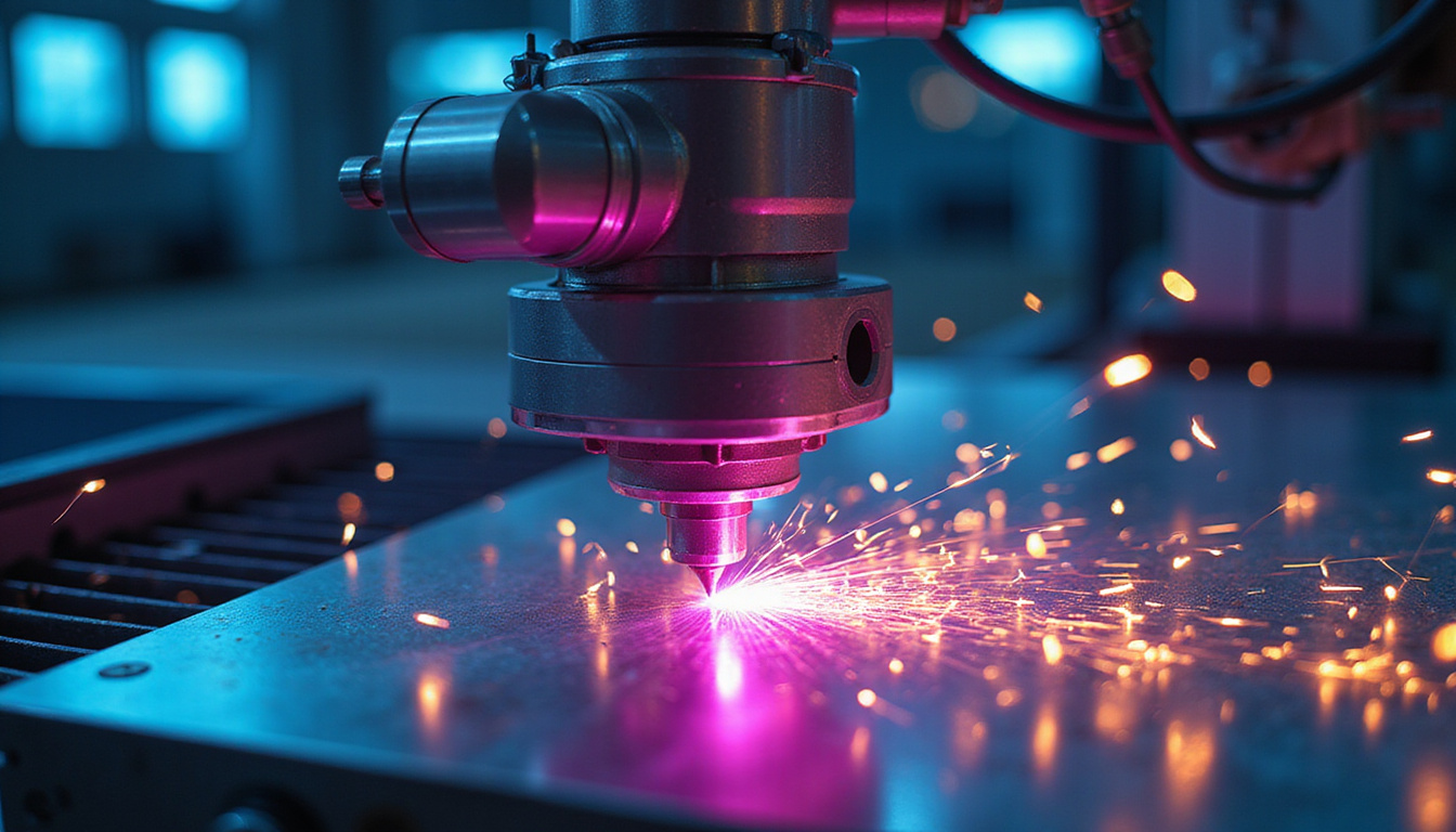 robotic multi-axis CNC finishing a titanium EV motor housing sparks micro-measurement lasers clinical neon lighting