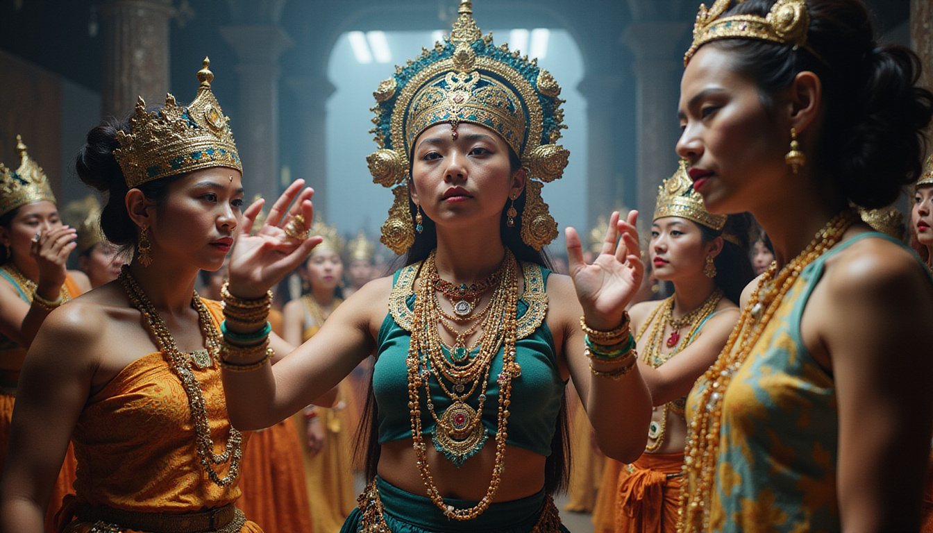  Ornate headdresses, expressive hand gestures, shadowed temple backdrop, mesmerized international audience
