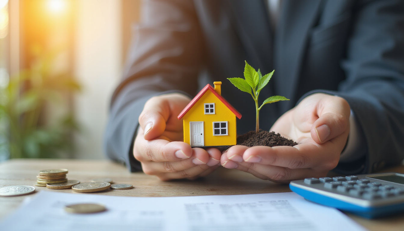 Confident investor holding miniature house sprouting coin-tree, calculator and rental contracts glowing