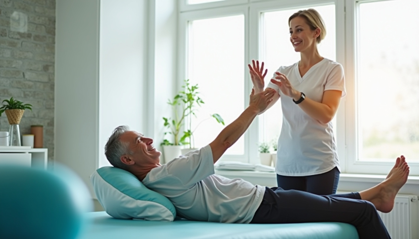  Patient performing guided physiotherapy exercises in bright clinic, therapist assisting, motion lines, hopeful