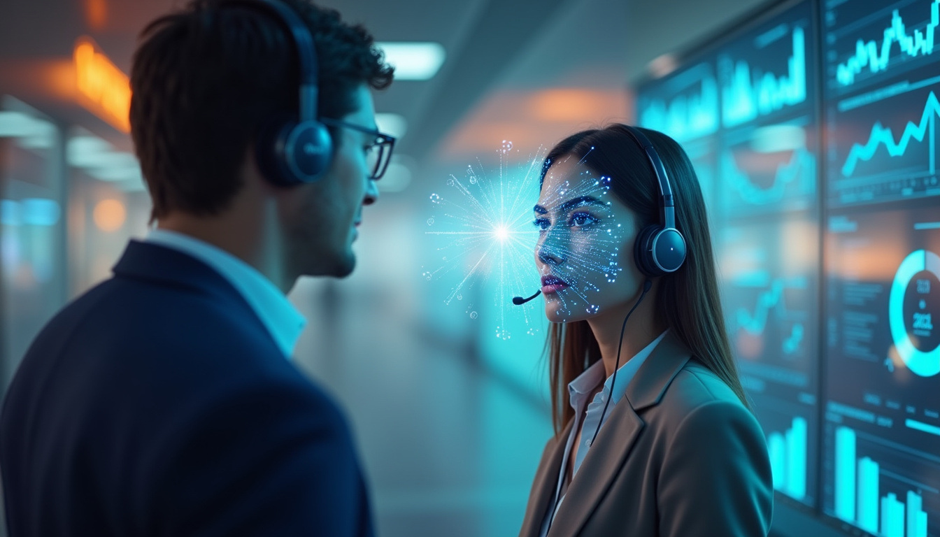 Confident top rep closing deal over headset, holographic transcripts and conversion charts around