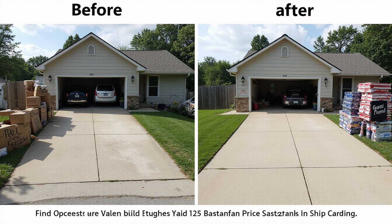 Before-and-after driveway transformation, cluttered yard cleared, neat stacks, affordable price banner, smiling customers
