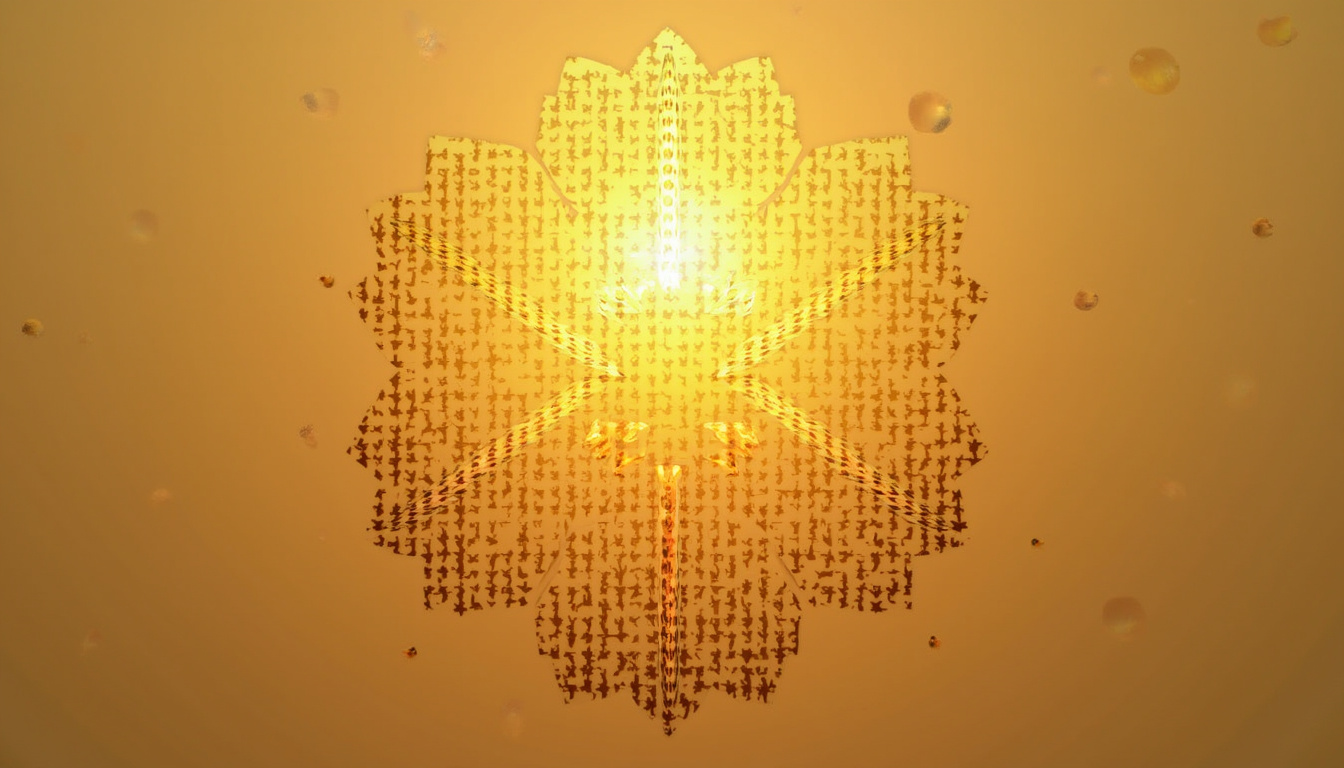 Minimalist golden mandala with seven radiant steps, fractured pieces recombining into whole silhouette