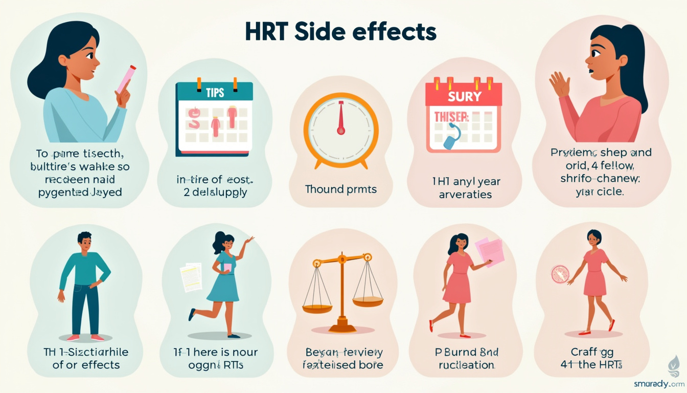  Stylized infographic: HRT side effects symbols, calendar, balance scale, tips cards, pastel colors