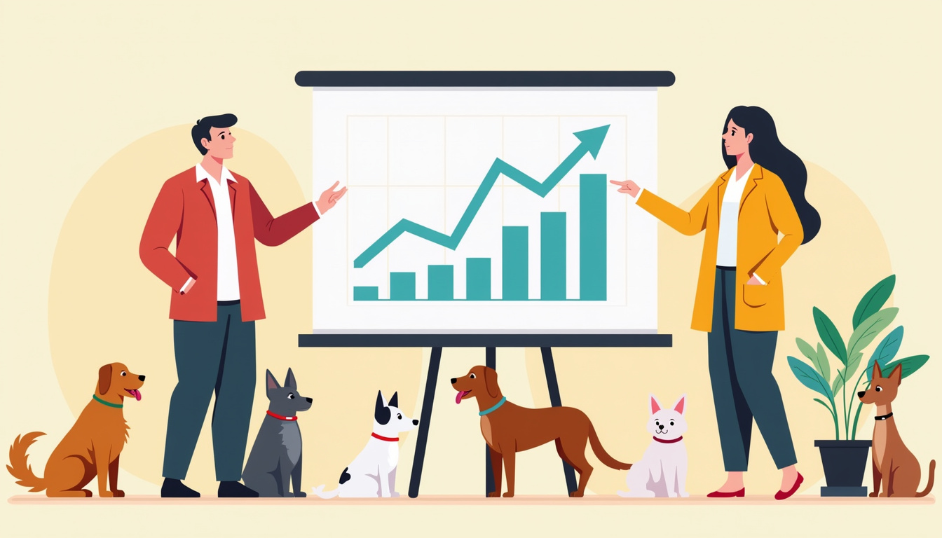  Energetic presenter pointing to upward financial graph, friendly pets and staff celebrating