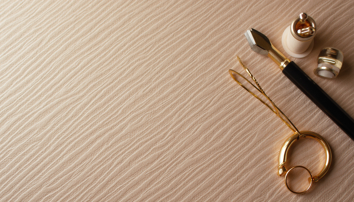  Close-up textured grasscloth wallpaper, gold metallic accents, styling tools, color swatches, fast elegant upgrade