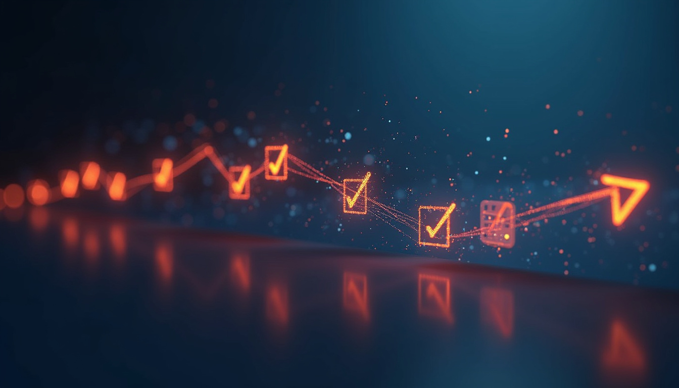  Digital scale flatline morphing into downward arrow, seven glowing checklist icons, clean modern studio