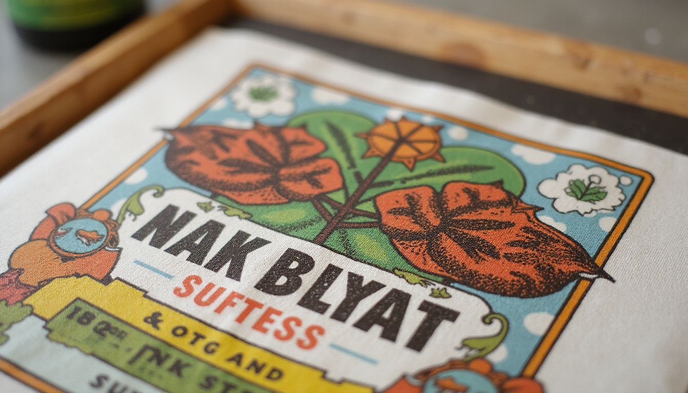  Close-up screen printing with soy ink, soybean pods, earthy palette, sustainable label detail