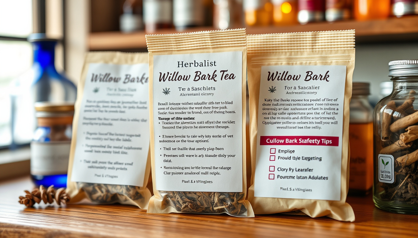  Herbalist labeling willow bark tea sachets, checklist safety tips, cozy apothecary lighting