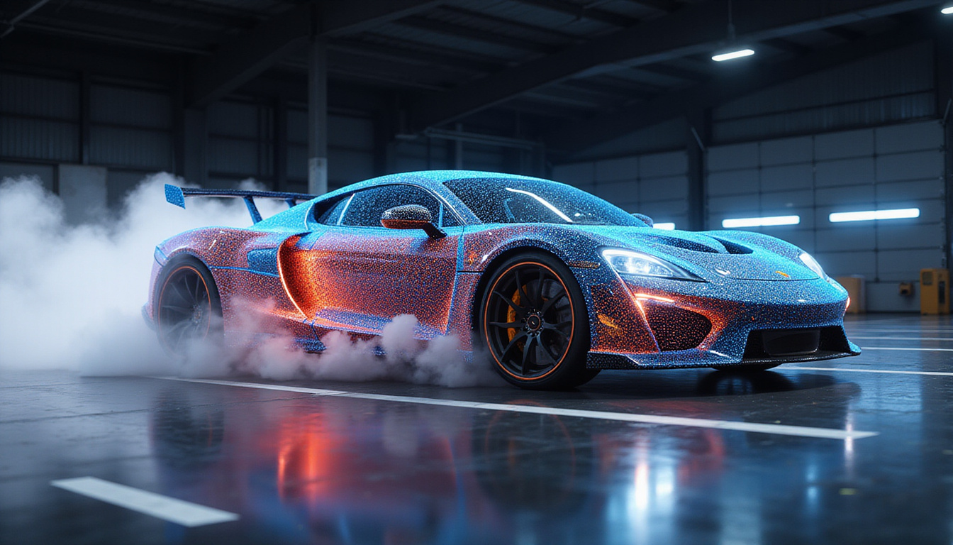  High-speed vehicle cornering, suspension kinematics visualized with vector forces, wind tunnel smoke, carbon fiber