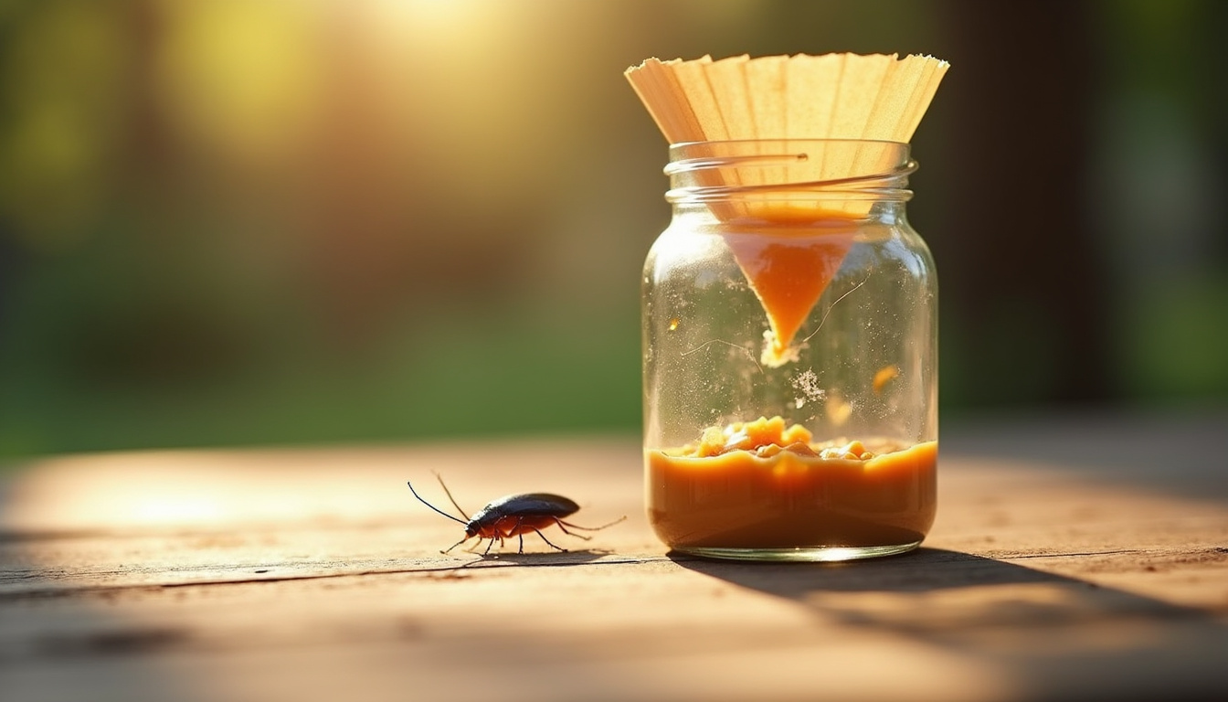 Close-up of handmade roach trap: glass jar, peanut butter bait, paper funnel, evening light
