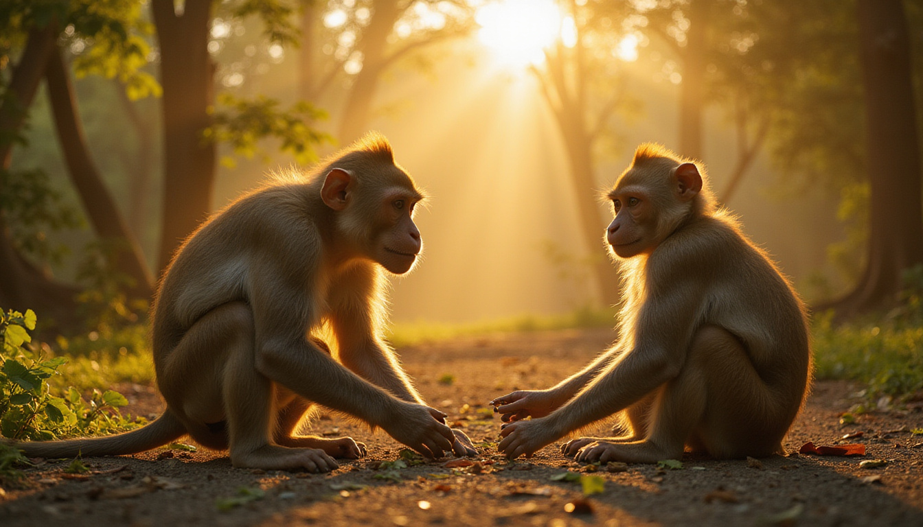  Golden morning light filtering through tropical canopy, close-up macaque interaction, safety signs, cultural serenity