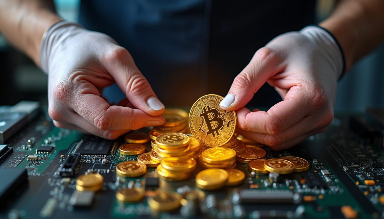  Close-up miner hands, energy-efficient circuit boards, golden coins, shrinking power meters, profit graph overlay