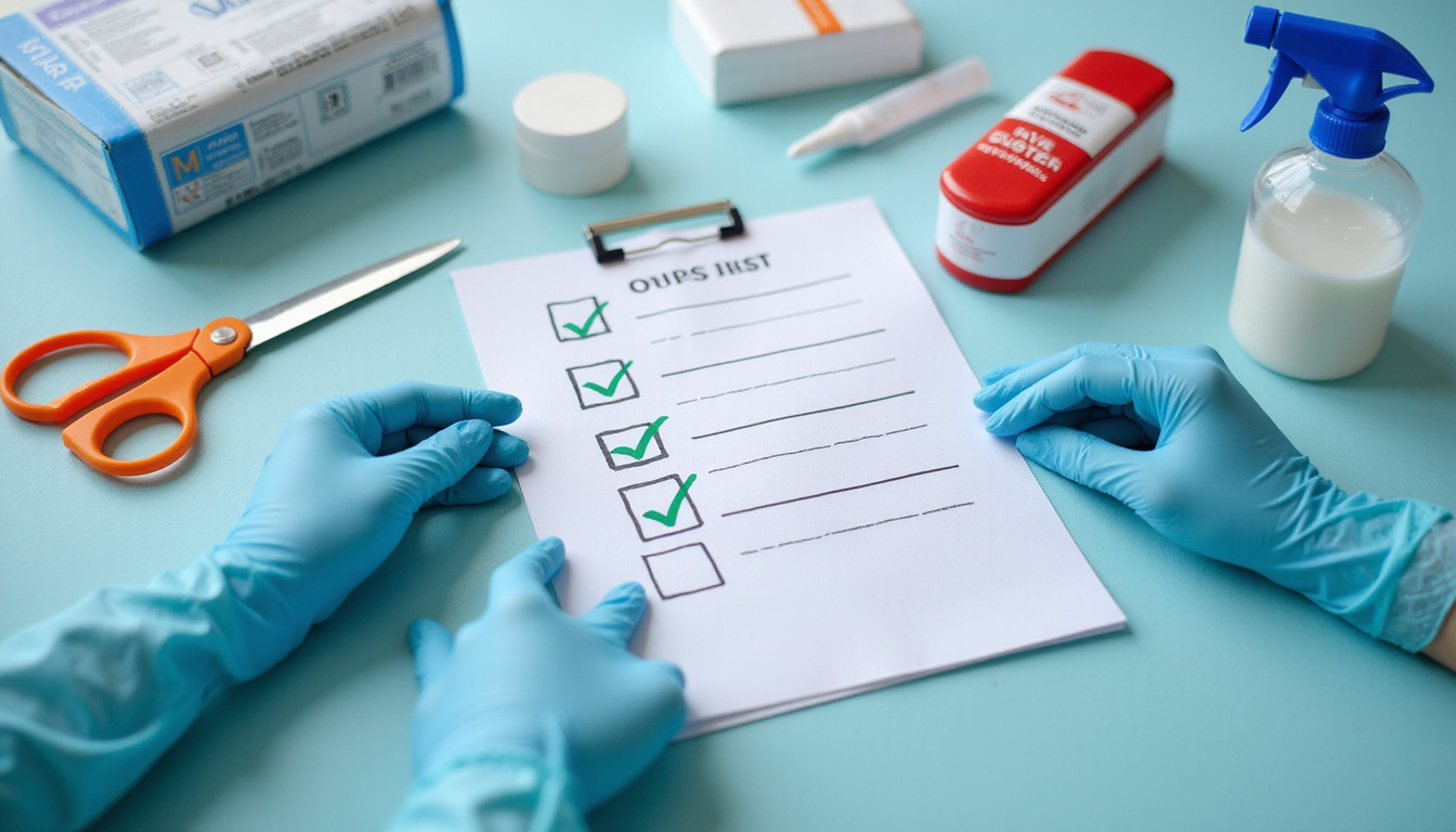 Close-up of sterile emergency checklist, gloved hands ticking boxes, decontamination supplies nearby