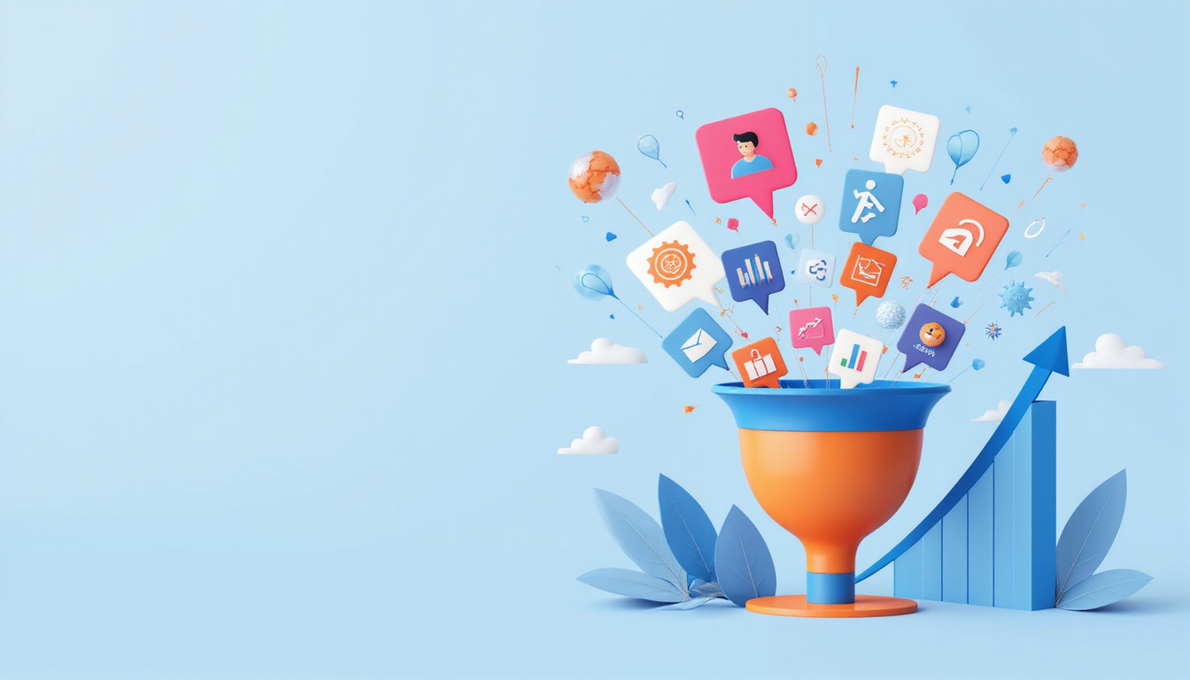 Digital lead-capture funnel, magnetic icons pulling customer profiles, dashboard analytics, upward growth