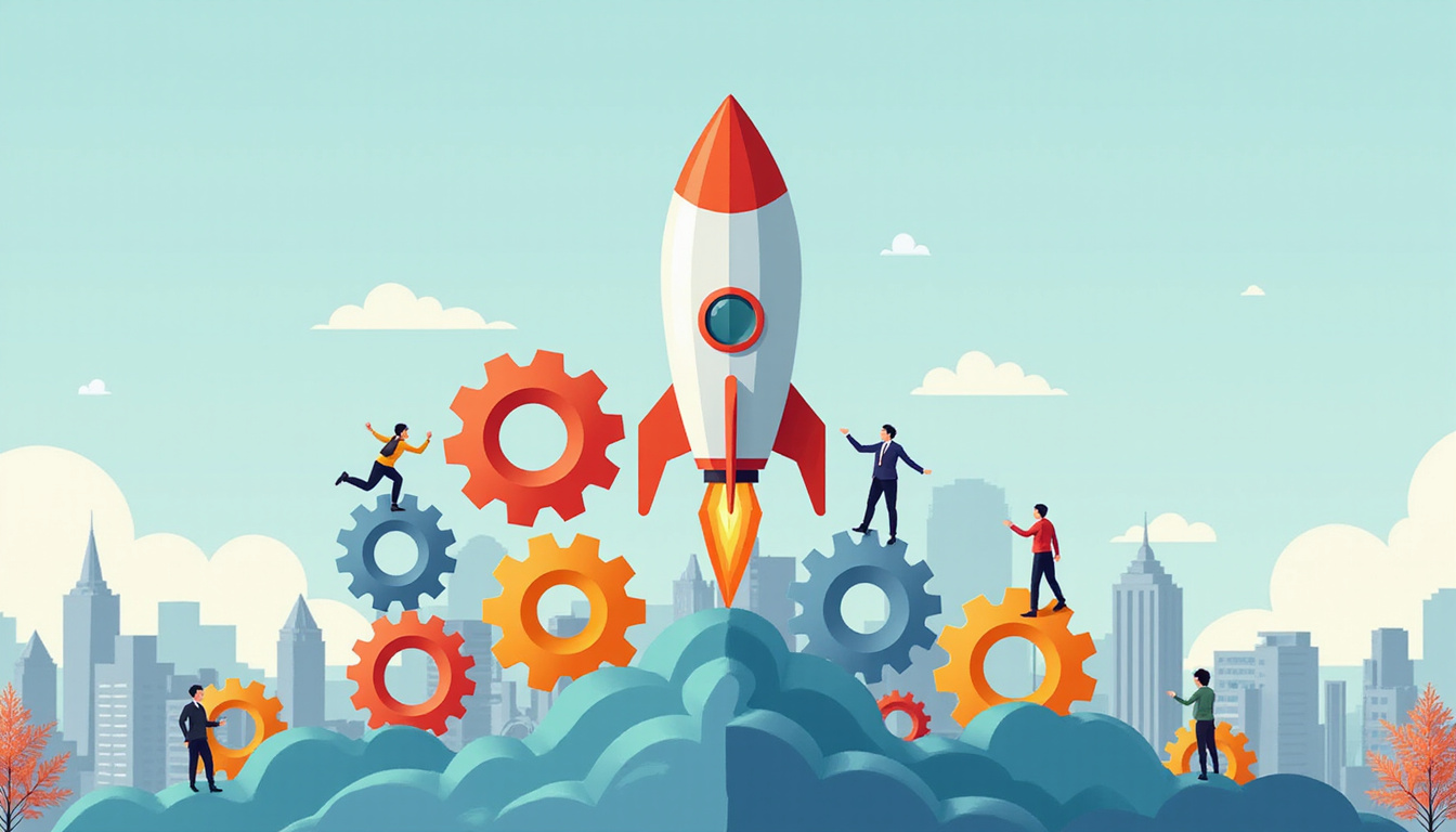  Rocket built from interlocking gears ascending over city, colleagues collaborating, vibrant growth colors