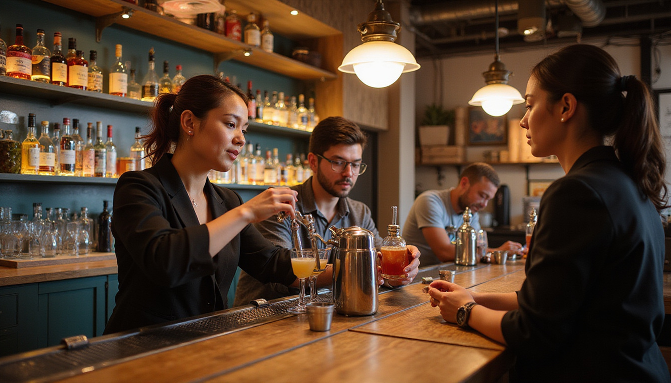  Bar staff practicing measured pours, training session, labeled low-alcohol options, customers choosing responsibly, dim warm lighting