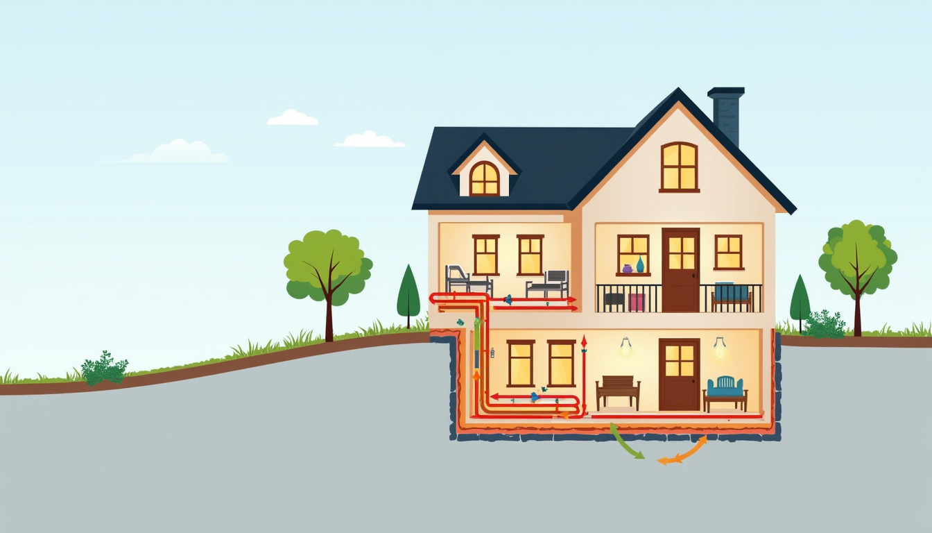  Cutaway home illustration showing underfloor piping, heat flow arrows, energy savings infographic style