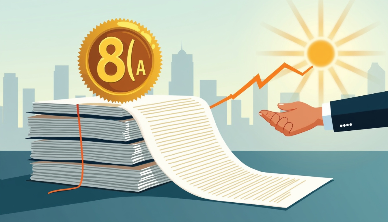 Stack of contracts, golden 8(a) seal, upward revenue arrows, handshake, sunlit city skyline