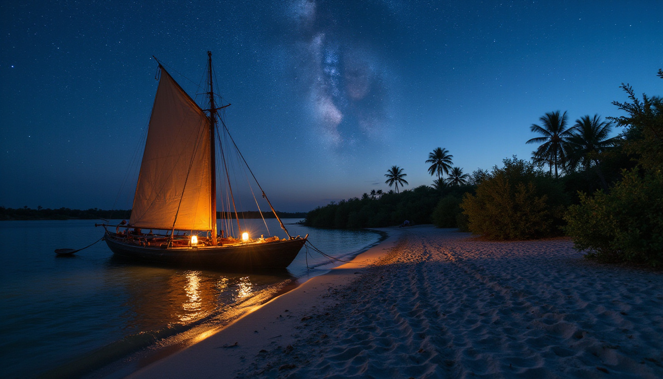 Secluded felucca anchored by sandy riverbank, palm silhouettes, starry sky, candlelit teak deck picnic