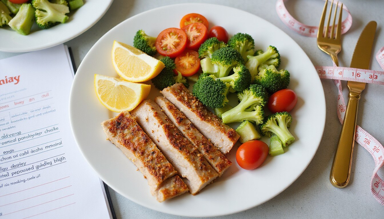 nutritious low-carb plate, colorful vegetables and lean protein, coaching notes and measuring tape
