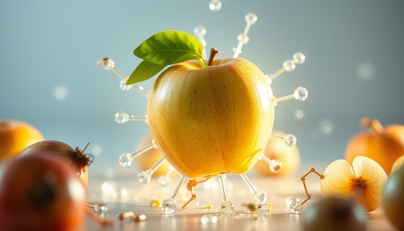  Fresh apples and onions transforming into radiant molecules, shield-shaped immune barrier, cinematic lighting