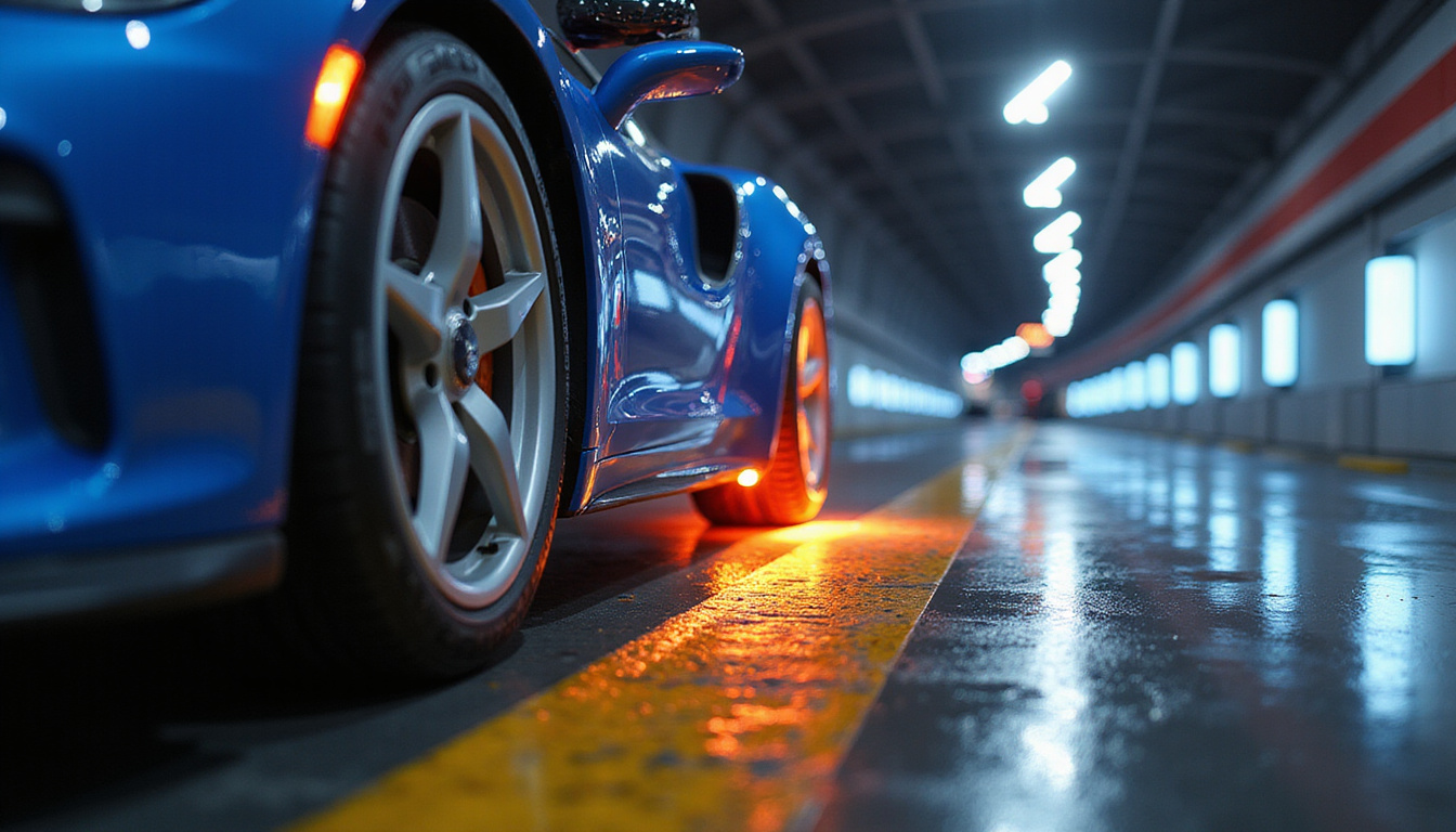  Close-up tire deformation and heat map, stopwatch overlay, wind-tunnel CFD visualization, aggressive circuit background