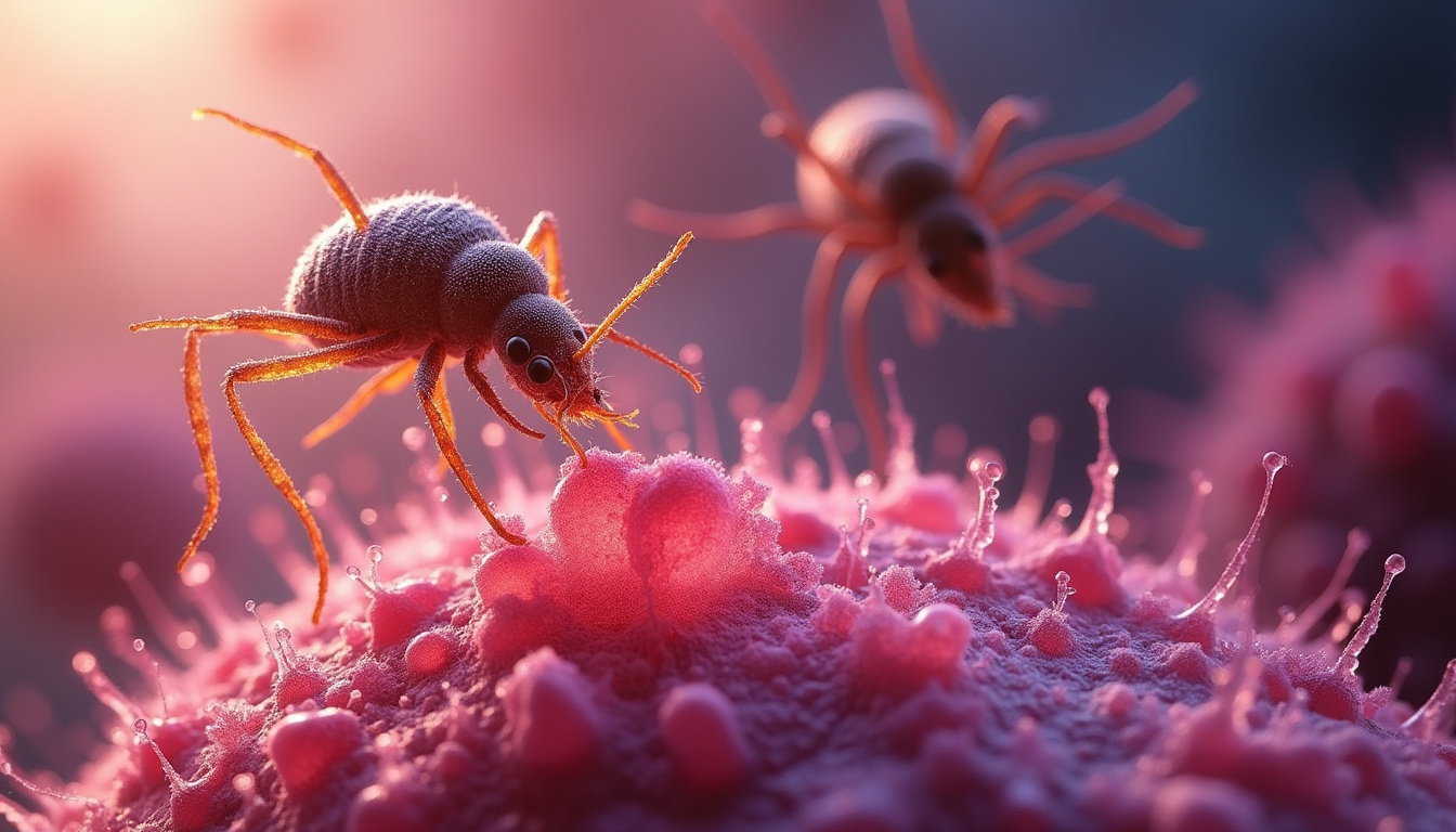 Close-up abamectin vial and microscopic view of mites disintegrating, scientific infographic background