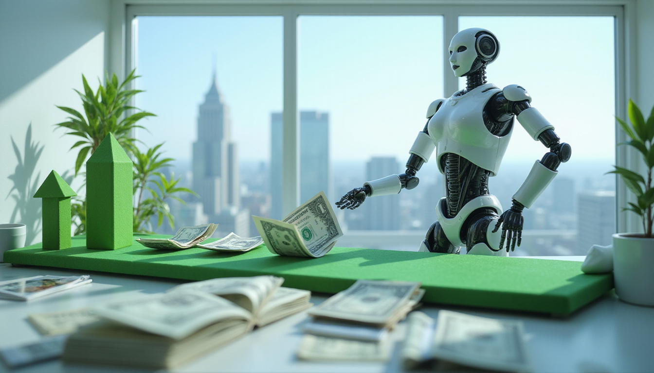 Robotic assistant reducing costs, conveyor of dollar-bills folding into green arrows, sleek corporate skyline