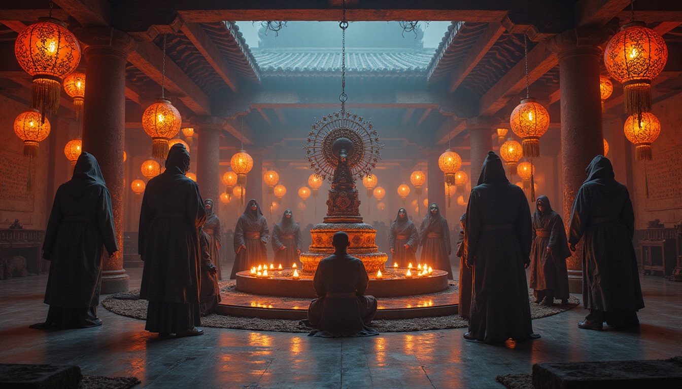  Masked dancers circle ancient temple, dramatic lantern light, symbolic patterns, reverent atmosphere