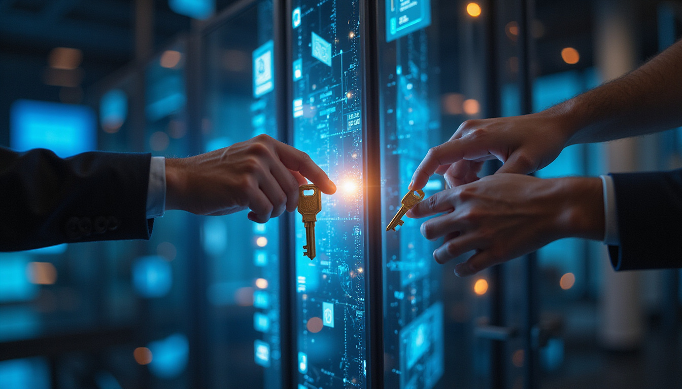  Three diverse hands inserting physical keys into a futuristic ledger safe, digital shield aura