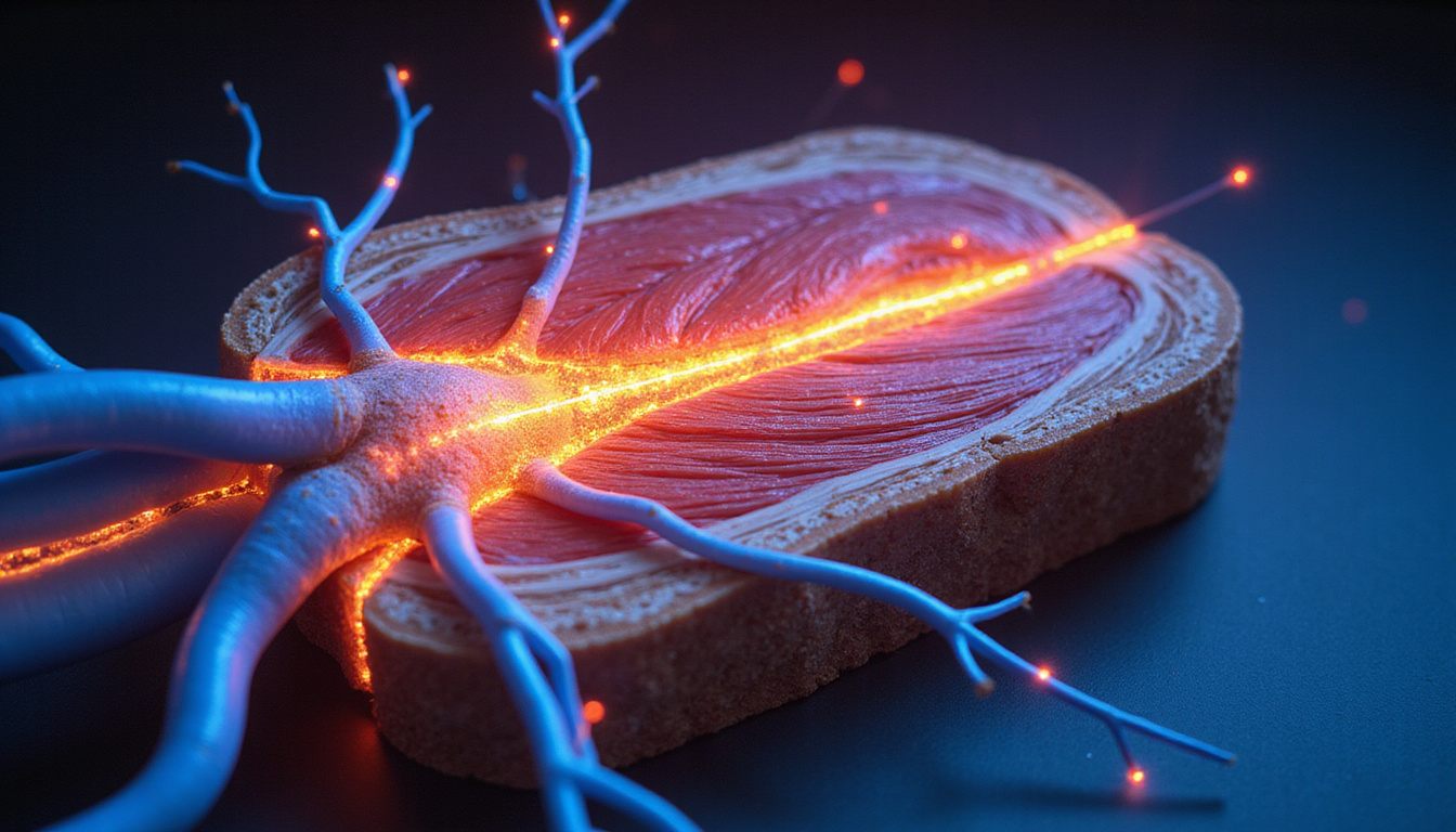 Educational cross-section of muscle and nerve, luminous axons transmitting electrical pulses, labeled diagram