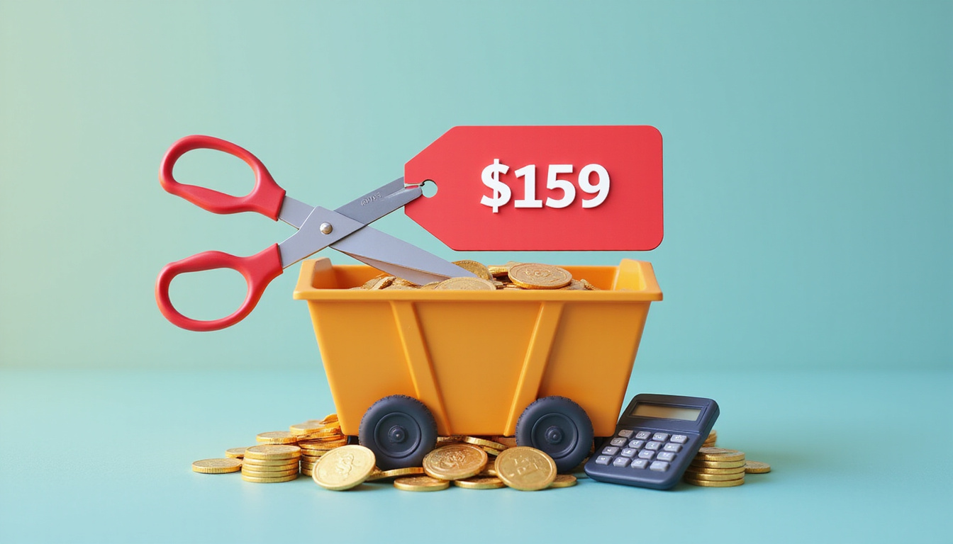  Giant scissors cutting red price tag over overflowing dumpster, calculator and coins scattered