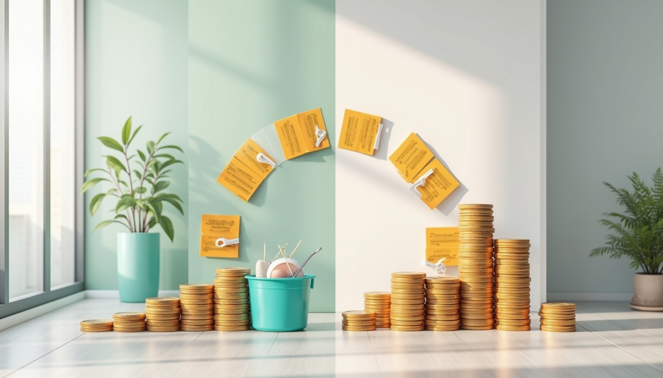 Dramatic before-and-after home cleanup, price tags morphing into coins, infographic overlay, clean minimalist interior