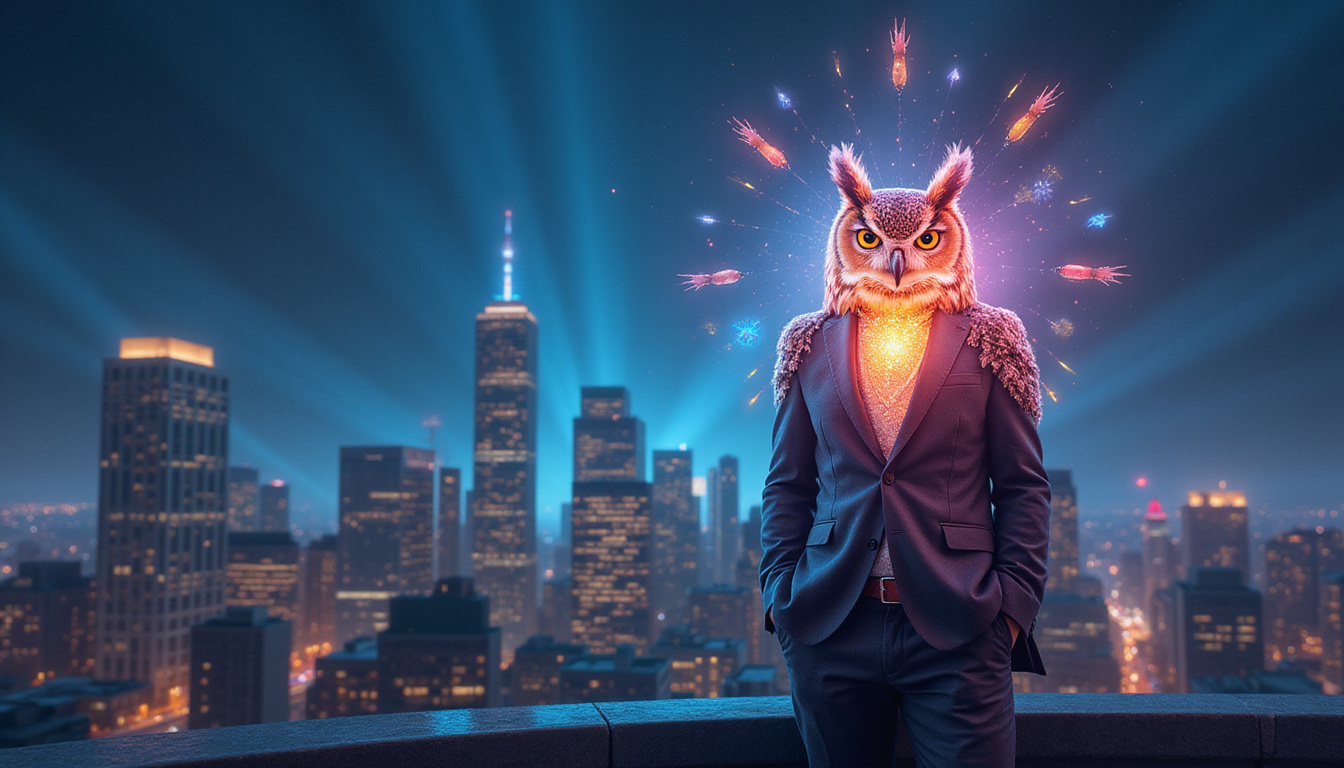 Mystical owl in business suit perched on city skyline glowing with career symbols and colorful aura