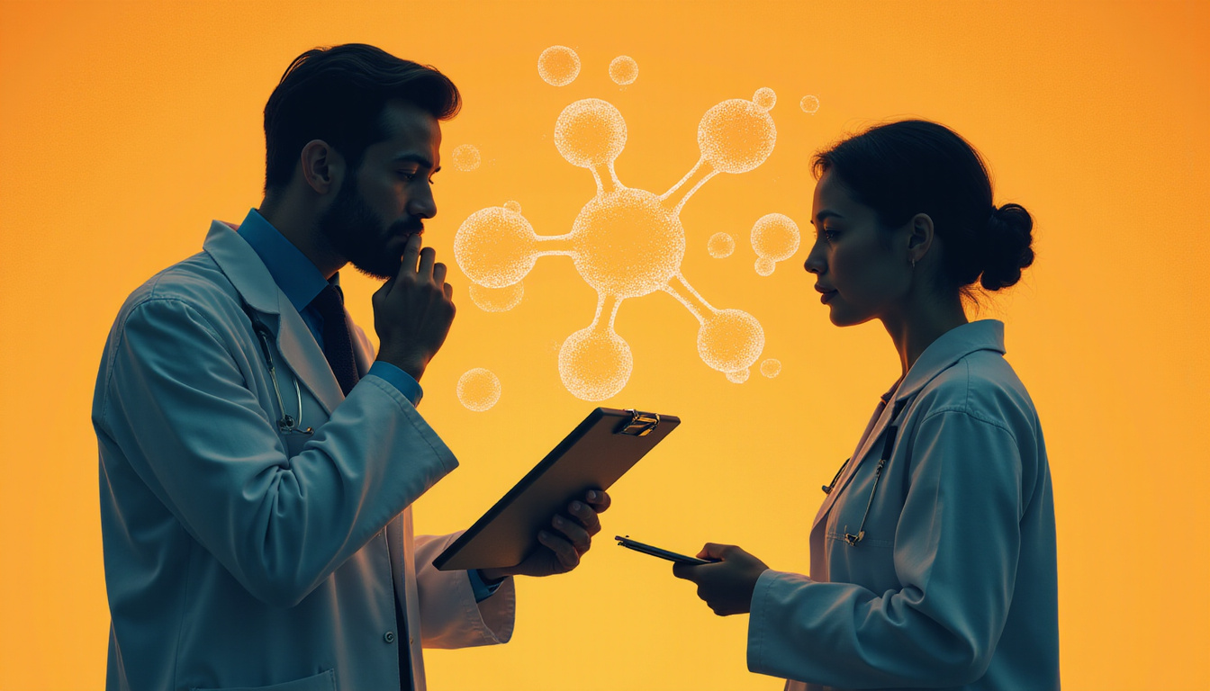  vintage physician silhouette whispering secrets to patient, shadowy clipboard, floating estrogen molecules