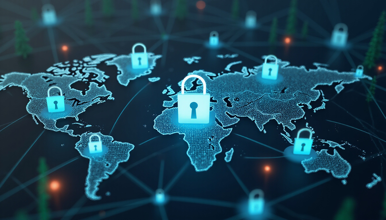 Network of nodes and locked padlocks over global map, compliance badges, green profit charts