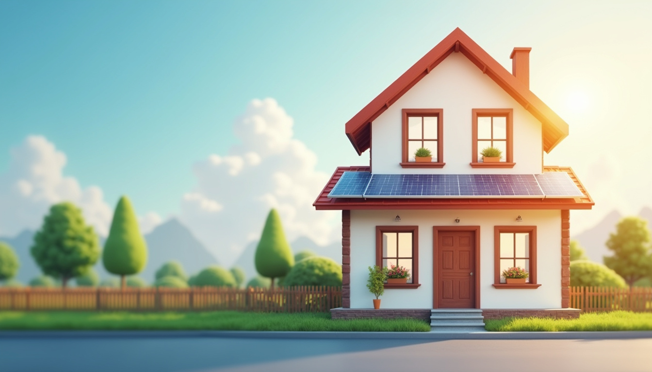  Modern house valuation infographic overlay, solar array shining, real estate agent smiling, high-resolution