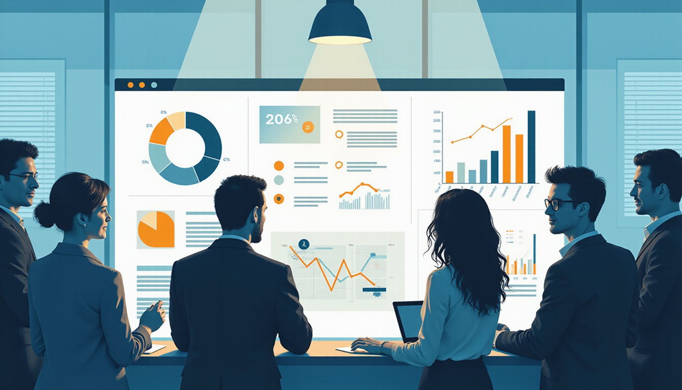 Diverse consultants celebrating contract win, stopwatch and checklist, spotlight, modern government contract dashboard