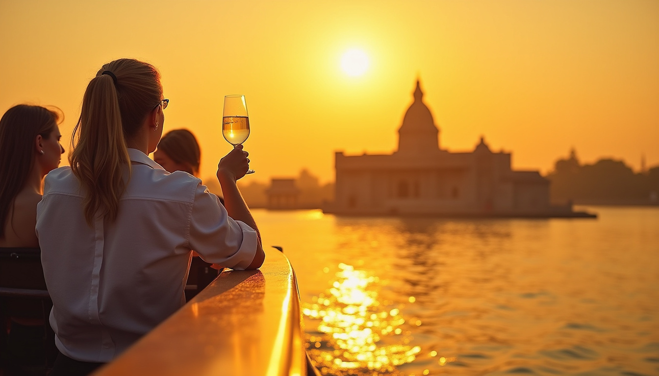 Elegant passengers on teak deck sipping champagne, Philae Temple silhouette against saffron sky